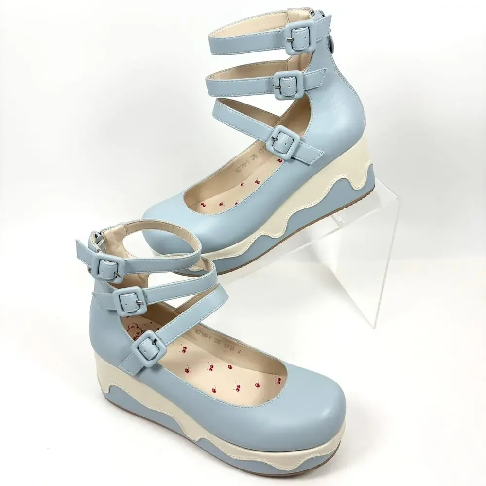 Lolita Coquette Platform Shoes Blue Ankle Strap Sz 6.5 - 7 Kawaii Cosplay Hime